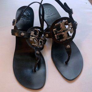 Tory Burch Black Miller Heel Sandals w Silver Logo